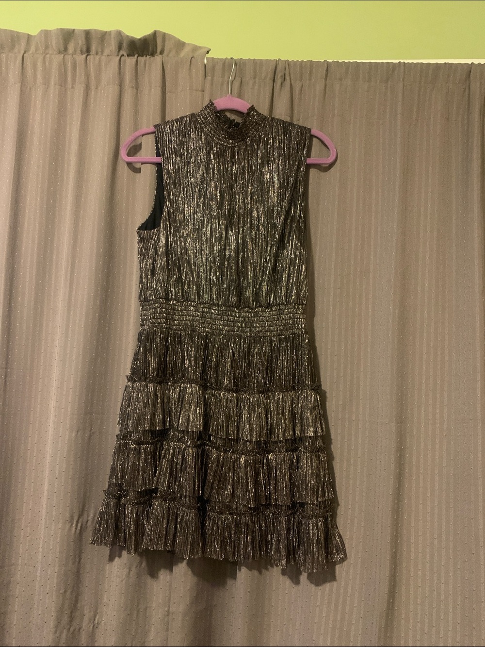Metallic Black & Silver/Gold Tiered Ruffle Mini Dress Size L